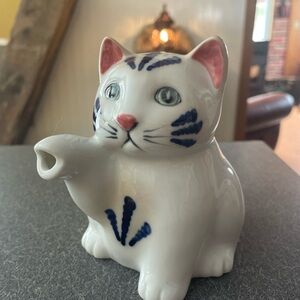 Ceramic Cat Teapot with Blue Accents